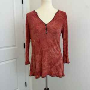 Me & Ko Red‎ Tie Dye Henley Top Large Boho Ribbed Cotton USA Made Retro 60s